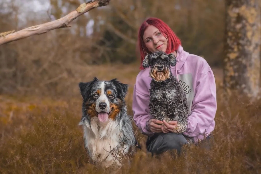 Candice, accroupie dans les herbes d'automne, entourée d'un berger australien et d'un schnauzer.